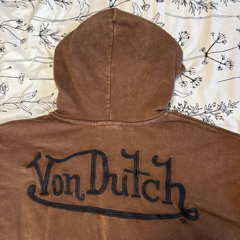 Von Dutch Brown Zip Up Hoodie with Embroidered Logo Size Medium
